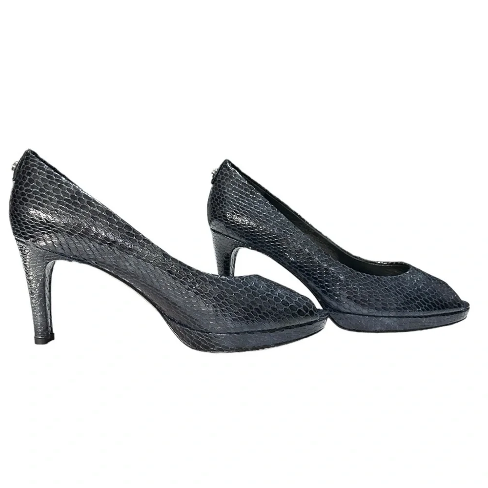 Stuart Weizmann Blue Leather Logoplainfield Snakeskin Peep Toe Pump Shoe 9 W
